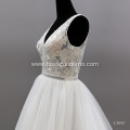 Sexy Lace Illusion Backless V Neck Sleeveless Puffy Beautiful Train Wedding Gowns Dress Bridal